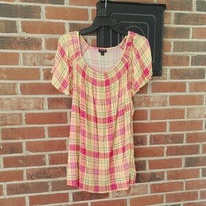 Torrid Smocked Crew Neck Crinkle Gauze Pink and Yellow Plaid Top Size 3X